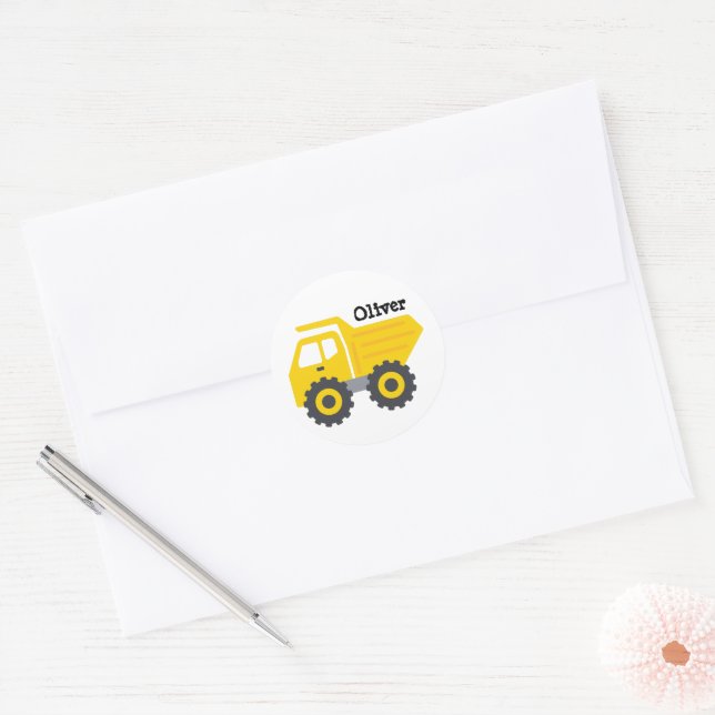 Personalized Yellow Dump Truck Classic Round Sticker (Envelope)