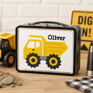 Personalized Yellow Dump Truck Metal Lunch Box