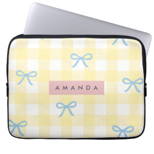 Personalized Yellow Gingham & Blue Bow Pastel Laptop Sleeve