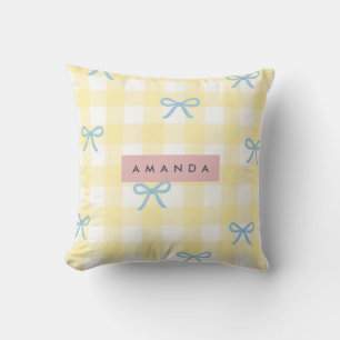 Personalized Yellow Gingham & Blue Bow Pastel Throw Pillow