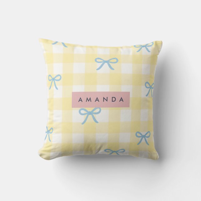 Personalized Yellow Gingham & Blue Bow Pastel  Throw Pillow (Front)