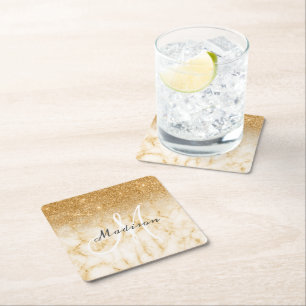 Personalized Yellow Gold Glitter Monogram Marble Square Paper Coaster
