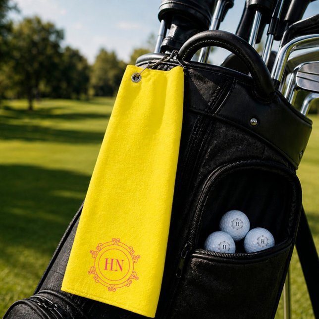 Personalized Yellow Golf Towel with Initials (Bright yellow monogrammed golf towel and golf balls in a premium lifestyle setting.)