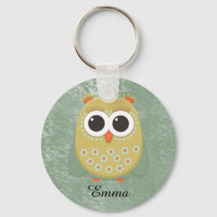 Personalized Yellow Green Blue Orange Owl on Green Keychain