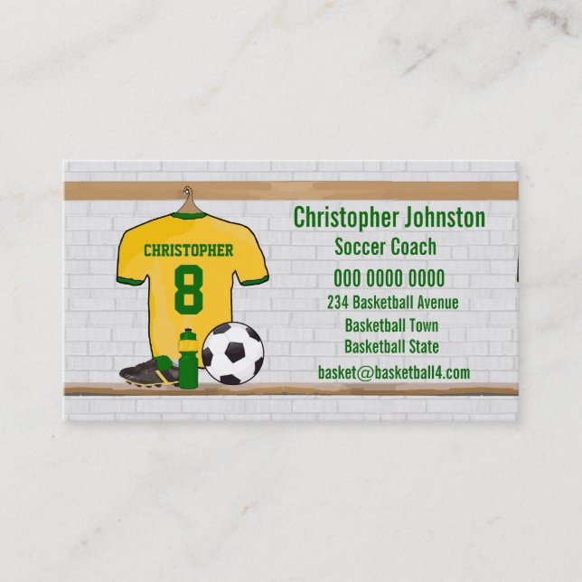Personalized Yellow Green Football Soccer Jersey Business Card (Front)