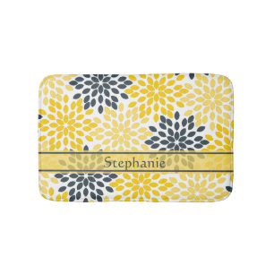 Personalized Yellow, Grey Charcoal Modern Floral Bath Mat