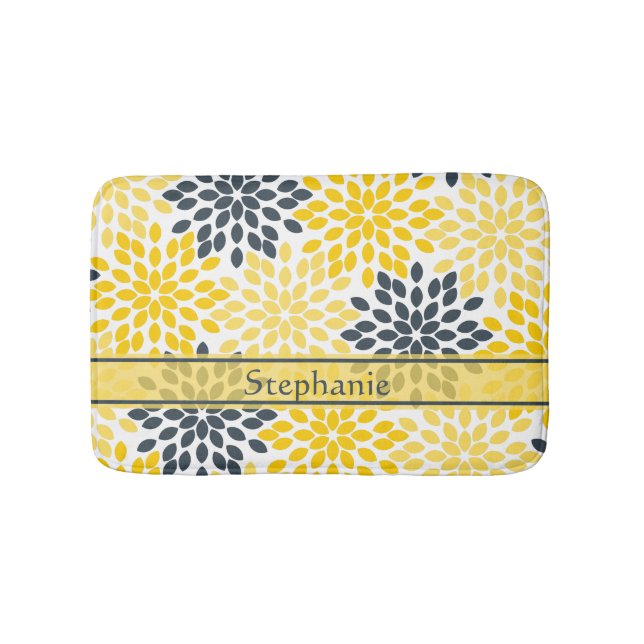 Personalized Yellow, Grey Charcoal Modern Floral Bath Mat (Front)