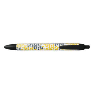 Personalized Yellow, Grey Charcoal Modern Floral Black Ink Pen