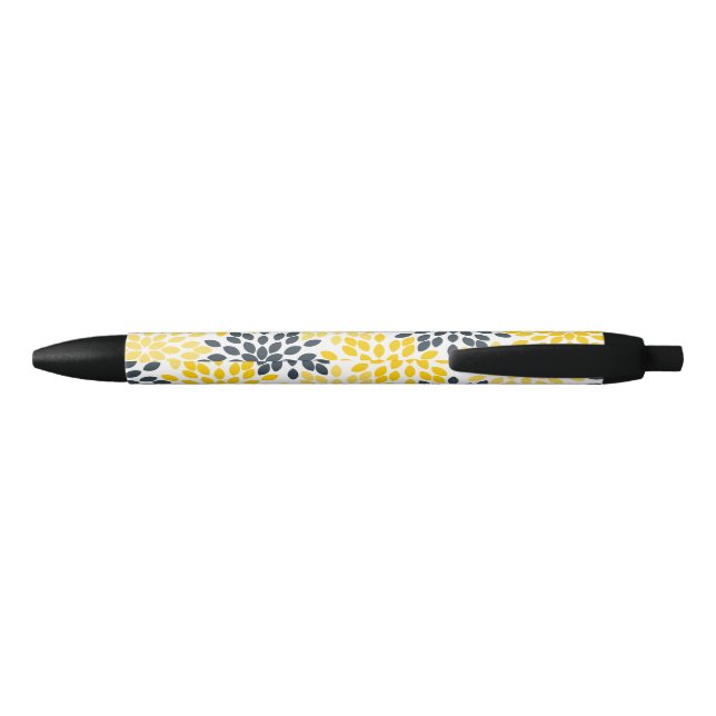 Personalized Yellow, Grey Charcoal Modern Floral Black Ink Pen (Back)