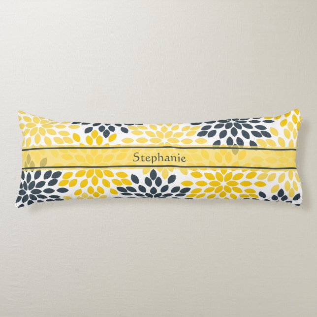 Personalized Yellow, Grey Charcoal Modern Floral Body Pillow (Front)