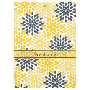 Personalized Yellow, Grey Charcoal Modern Floral Clipboard