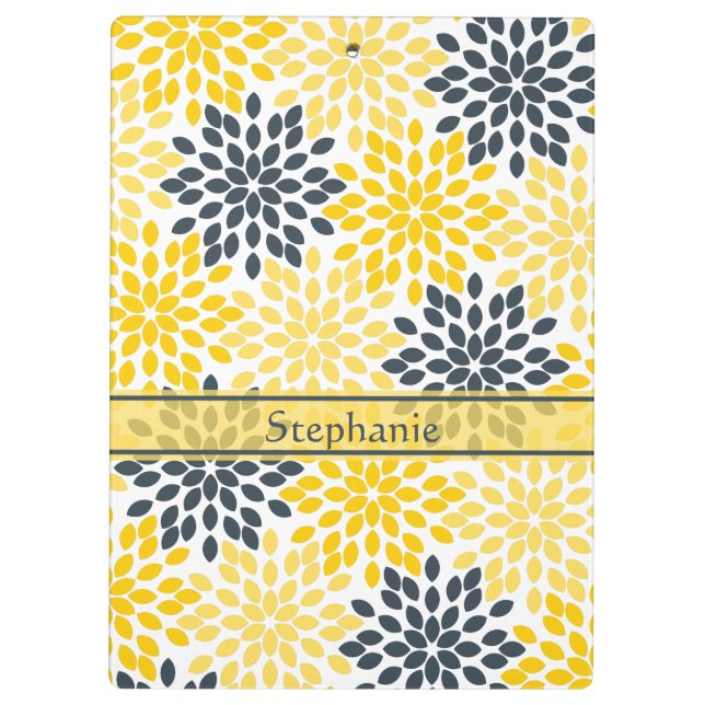 Personalized Yellow, Grey Charcoal Modern Floral Clipboard (Back)