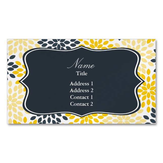Personalized Yellow, Grey Charcoal Modern Floral Magnetic Business Card (Front)