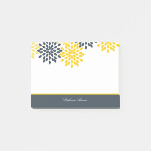 Personalized Yellow, Grey Charcoal Modern Floral Post-it Notes