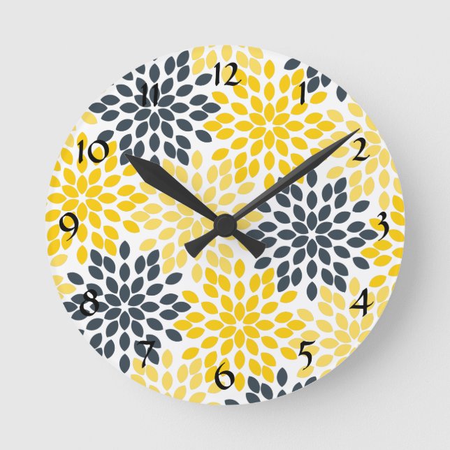 Personalized Yellow, Grey Charcoal Modern Floral Round Clock (Front)