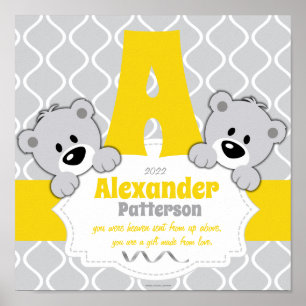 Personalized Yellow & Grey Teddy Bear Nursery Room Poster