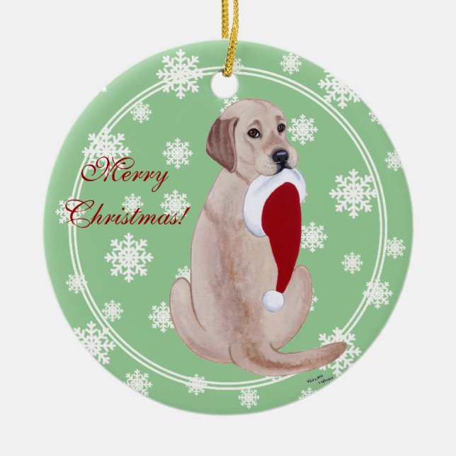 Personalized Yellow Lab Christmas Santa Hat Ceramic Ornament (Front)