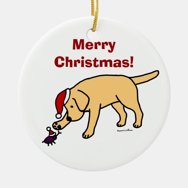 Personalized Yellow Lab Christmas Santa Hat Ceramic Ornament (Front)