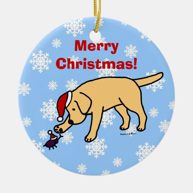 Personalized Yellow Lab Christmas Santa Hat Ceramic Ornament (Front)