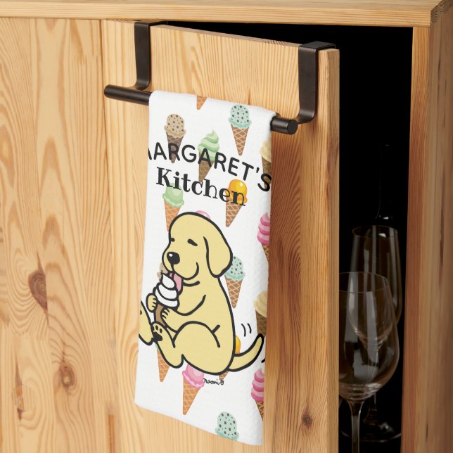 Personalized Yellow Lab Licking Ice Cream Kitchen Towel (Thirds Fold)