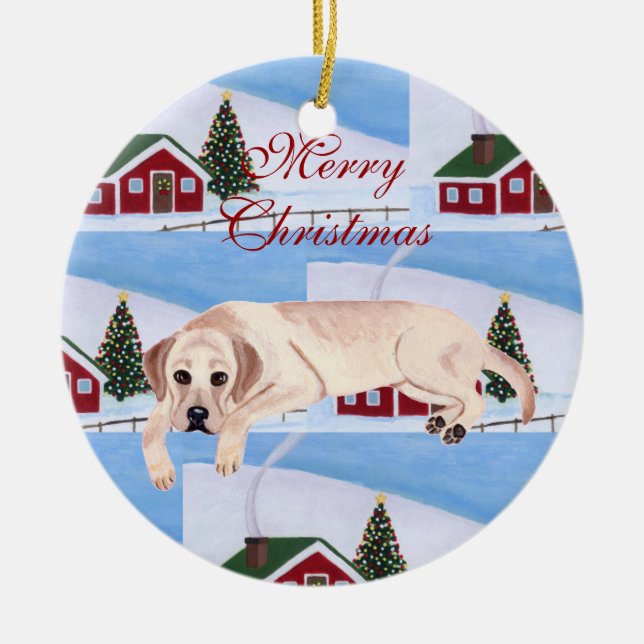 Personalized Yellow Lab Puppy Christmas Ceramic Ornament (Front)