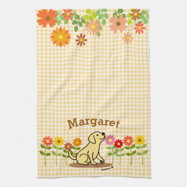 Personalized Yellow Labrador and Many Flowers Kitchen Towel (Vertical)