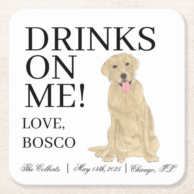 Personalized Yellow Labrador Dog Wedding Square Paper Coaster (Front)