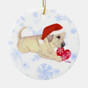 Personalized Yellow Labrador Puppy Santa's Hat Ceramic Ornament