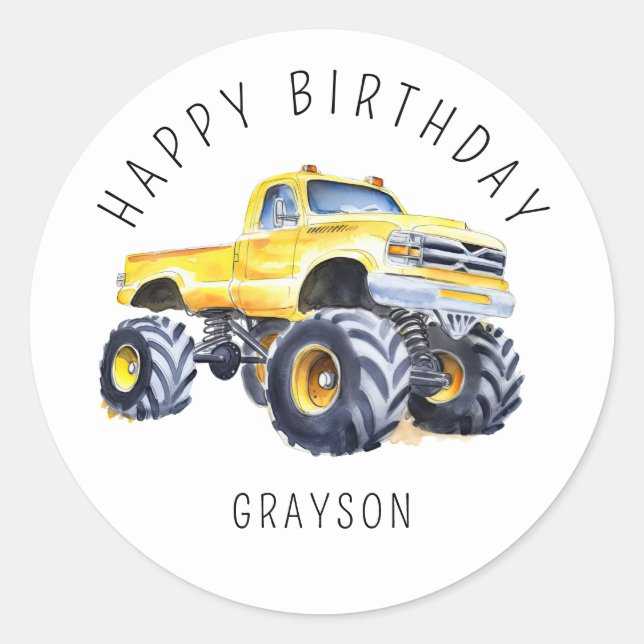 Personalized Yellow Monster Truck Birthday Gift Classic Round Sticker (Front)