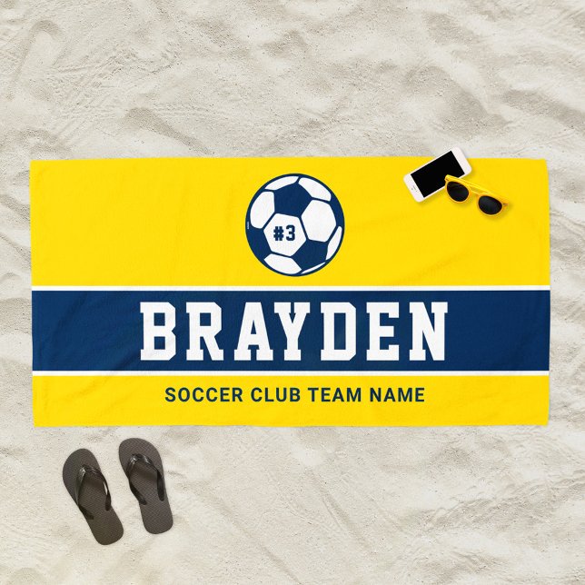 Personalized Yellow Navy Blue Soccer Player Name Beach Towel (Creator Uploaded)