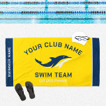 Personalized Yellow Navy Swim Team Swimmer Name Beach Towel<br><div class="desc">Personalized swim team pool towel design for swimmers features custom text for the swimmer's first and last name, swim team club name, and mascot or other text. Add your team logo to the dolphin placeholder image. The colour scheme of bright yellow, navy blue and white can be modified to coordinate...</div>