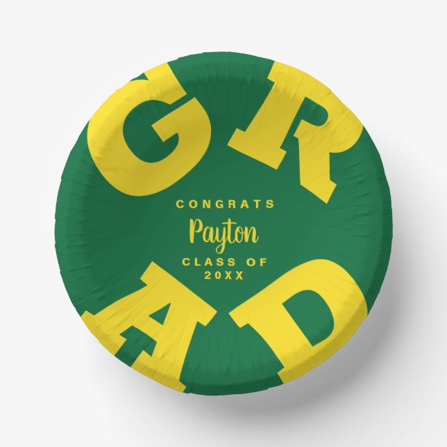 Personalized Yellow on Green Graduation Paper Plate (Front)