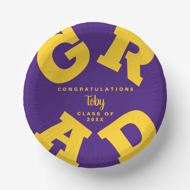 Personalized Yellow on Purple Graduation Paper Plate (Front)