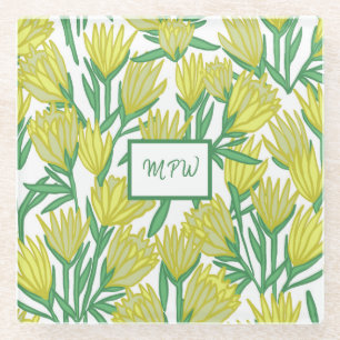 Personalized Yellow Original Art Floral Design Glass Coaster