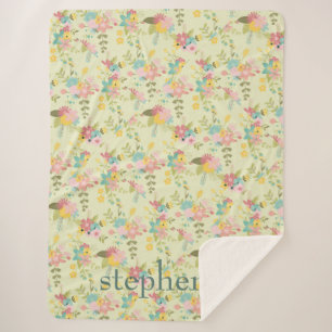 Personalized Yellow Pihk Green Florals Sherpa Blanket