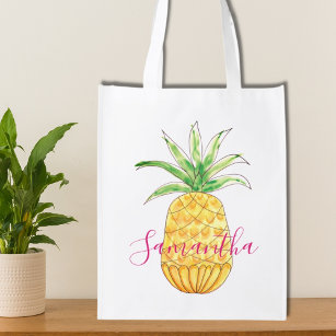 Personalized Yellow Pineapple  Pink Girl's Name Reusable Grocery Bag