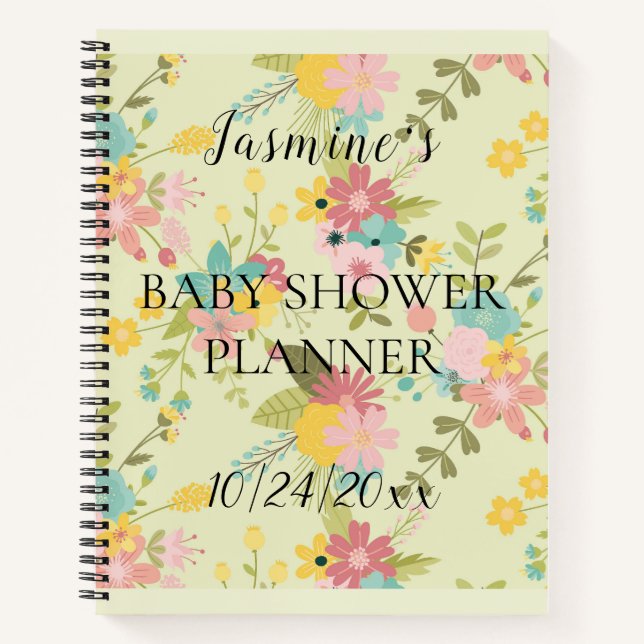 Personalized Yellow Pink Green Florals Baby Shower Notebook (Front)