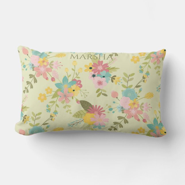 Personalized Yellow Pink Green Florals Lumbar Pillow (Front)