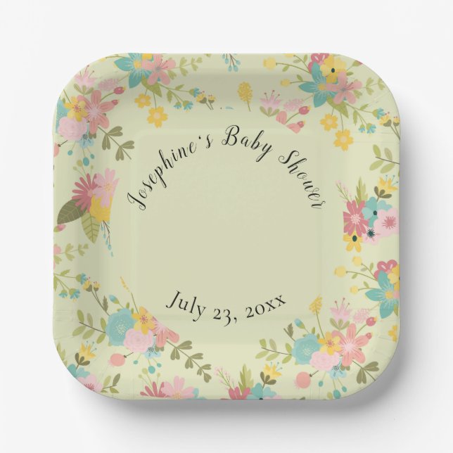 Personalized Yellow Pink Green Florals Paper Plate (Front)