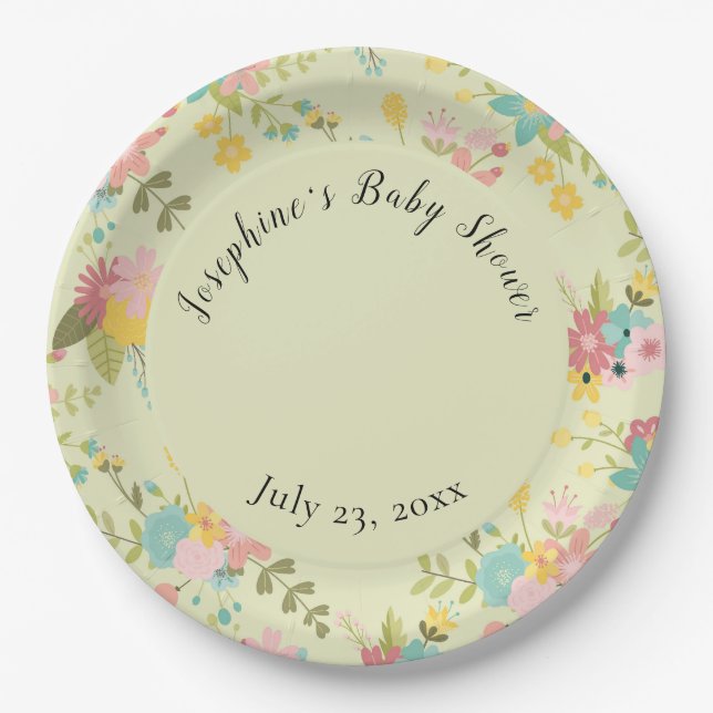 Personalized Yellow Pink Green Florals Paper Plate (Front)