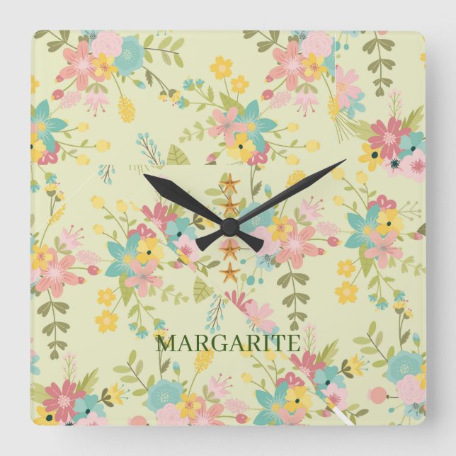 Personalized Yellow Pink Green Florals Square Wall Clock (Front)