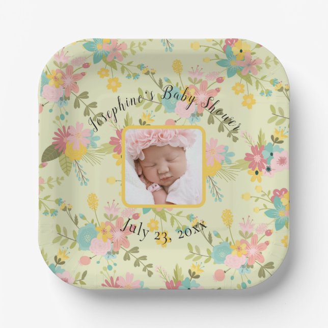Personalized Yellow Pink Green Florals w/ Image Paper Plate (Front)