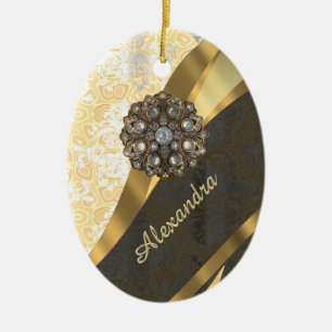 Personalized yellow pretty girly damask pattern ceramic ornament