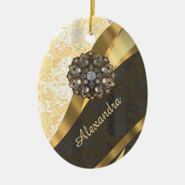Personalized yellow pretty girly damask pattern ceramic ornament (Front)