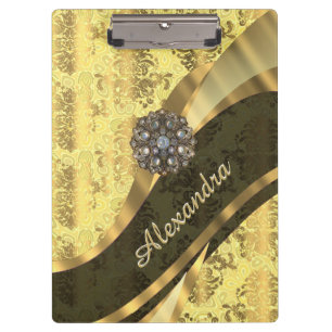 Personalized yellow pretty girly damask pattern clipboard