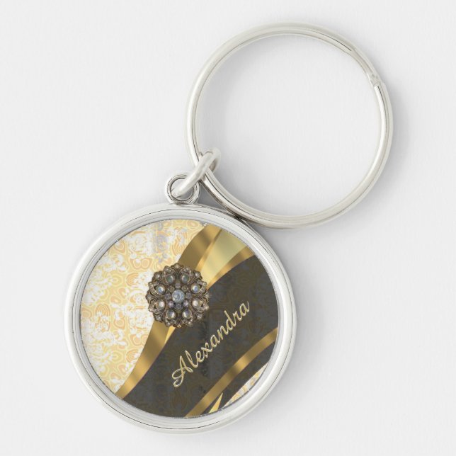 Personalized yellow pretty girly damask pattern keychain (Front)