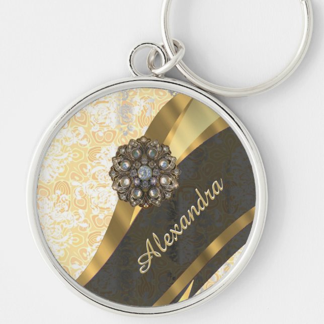 Personalized yellow pretty girly damask pattern keychain (Front)