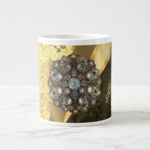 Personalized yellow pretty girly damask pattern large coffee mug