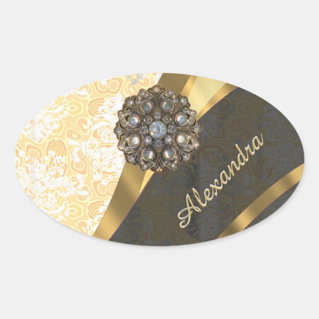 Personalized yellow pretty girly damask pattern oval sticker (Front)