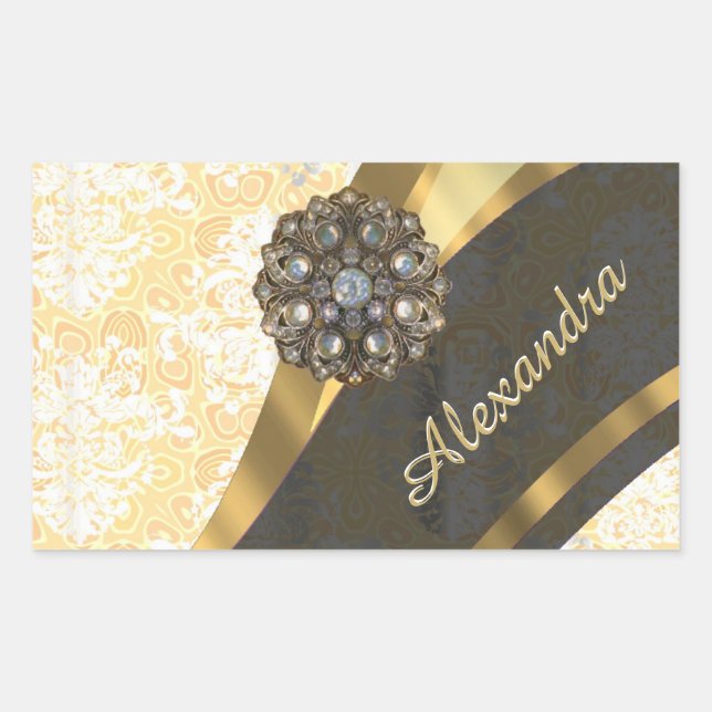 Personalized yellow pretty girly damask pattern sticker (Front)